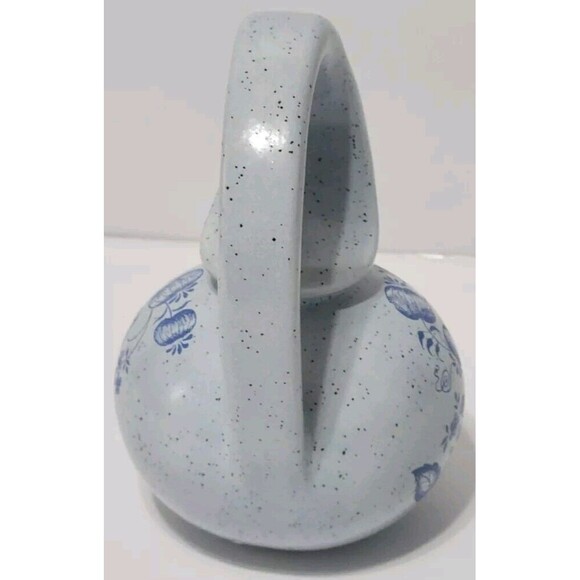 Unusual Pitcher Creamer Honey Pot Blue Speckled W Pumpkins Flowers Marked MPS 6" - Picture 6 of 7